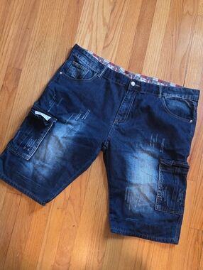 Men's Washed Dark Blue Cargo Denim Shorts